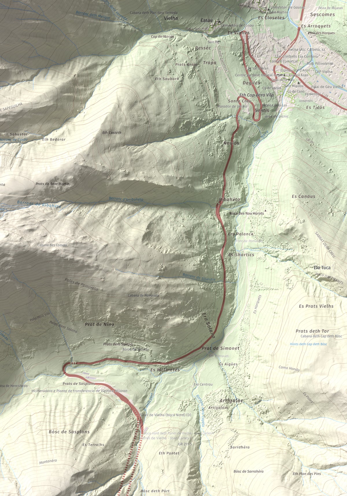Mapa de relieve de Montcorbison, 2173 m, Val d'Aran, lámina 100 Cims de Trobart. Detalle de la zona inferior derecha. 70 × 100 cm.