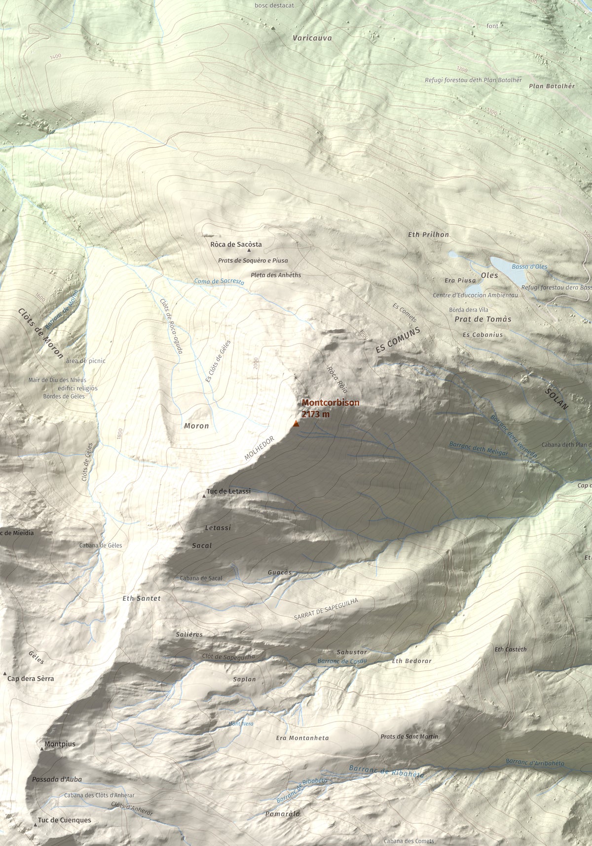 Mapa de relieve de Montcorbison, 2173 m, Val d'Aran, lámina 100 Cims de Trobart. Detalle de la zona central. 70 × 100 cm.