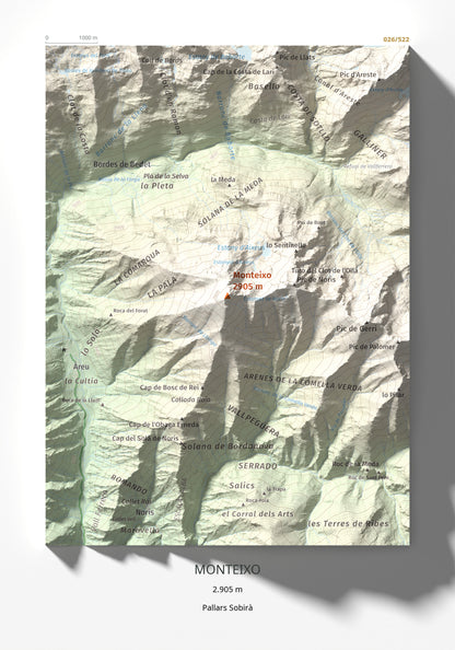 Mapa de relieve de Monteixo, 2905 m, Pallars Sobirà, lámina 100 Cims de Trobart 21 × 30 cm.