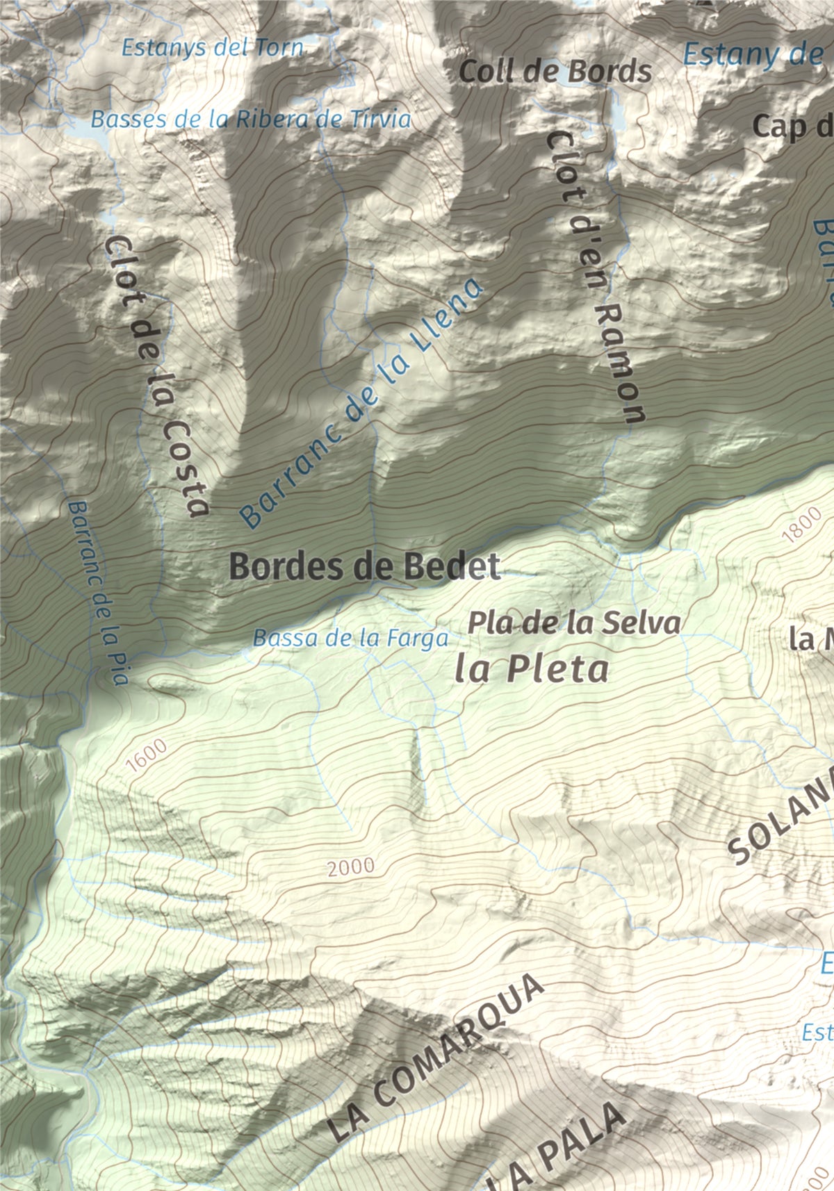 Mapa de relieve de Monteixo, 2905 m, Pallars Sobirà, lámina 100 Cims de Trobart. Detalle de la zona superior izquierda. 21 × 30 cm.