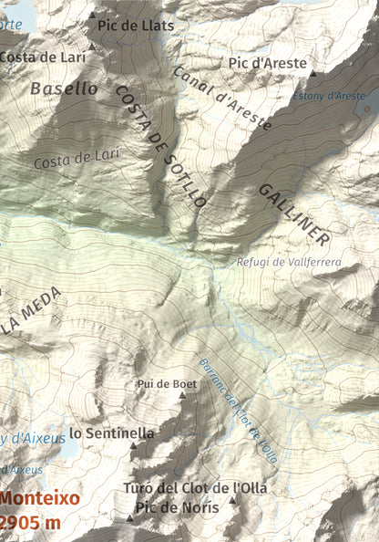 Mapa de relieve de Monteixo, 2905 m, Pallars Sobirà, lámina 100 Cims de Trobart. Detalle de la zona superior derecha. 21 × 30 cm.