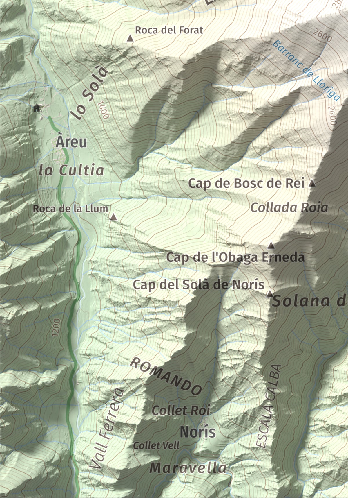 Mapa de relieve de Monteixo, 2905 m, Pallars Sobirà, lámina 100 Cims de Trobart. Detalle de la zona inferior izquierda. 21 × 30 cm.