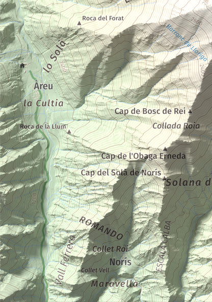 Mapa de relieve de Monteixo, 2905 m, Pallars Sobirà, lámina 100 Cims de Trobart. Detalle de la zona inferior izquierda. 21 × 30 cm.