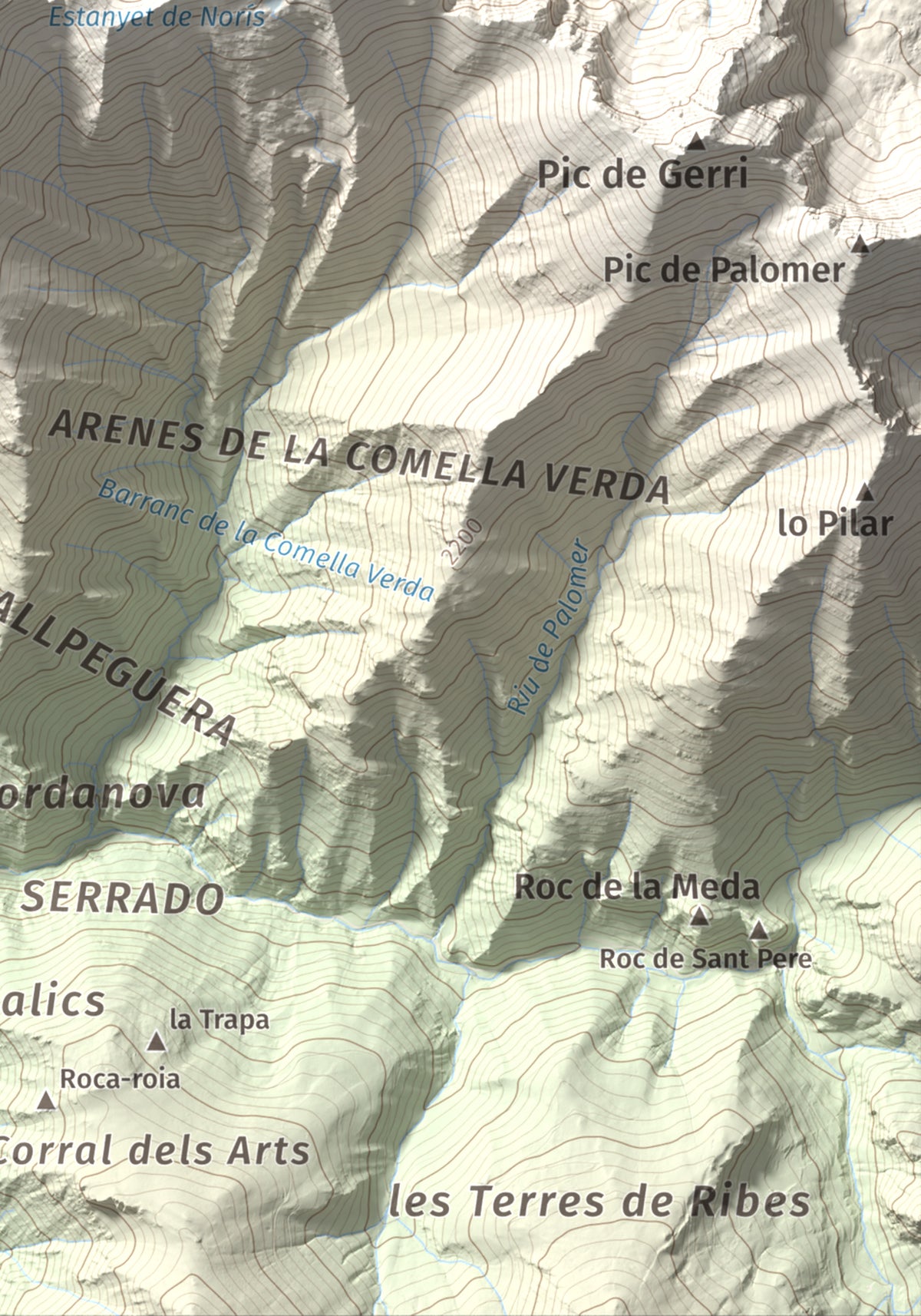 Mapa de relieve de Monteixo, 2905 m, Pallars Sobirà, lámina 100 Cims de Trobart. Detalle de la zona inferior derecha. 21 × 30 cm.