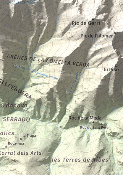 Mapa de relieve de Monteixo, 2905 m, Pallars Sobirà, lámina 100 Cims de Trobart. Detalle de la zona inferior derecha. 21 × 30 cm.