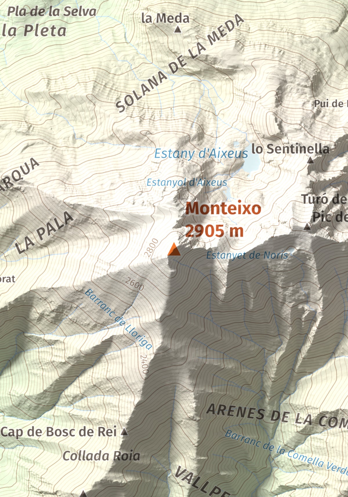 Mapa de relieve de Monteixo, 2905 m, Pallars Sobirà, lámina 100 Cims de Trobart. Detalle de la zona central. 21 × 30 cm.