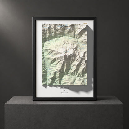 Mapa de relieve de Monteixo, 2905 m, Pallars Sobirà, lámina 100 Cims de Trobart. Presentación enmarcada. 30 × 40 cm.