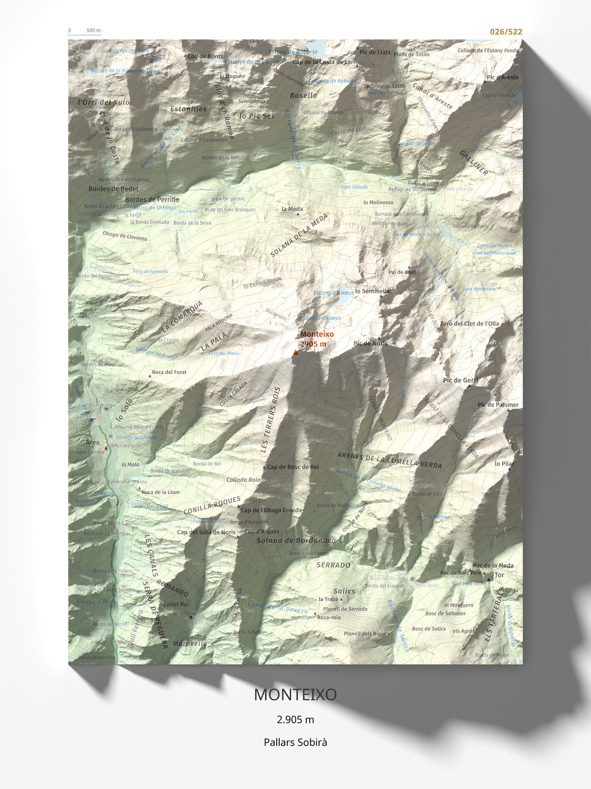 Mapa de relieve de Monteixo, 2905 m, Pallars Sobirà, lámina 100 Cims de Trobart 30 × 40 cm.