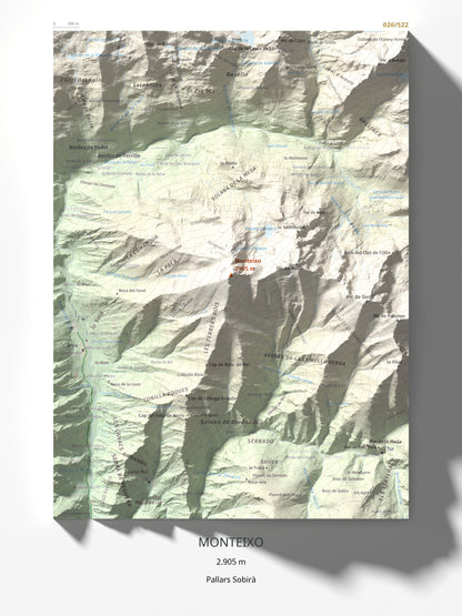 Mapa de relieve de Monteixo, 2905 m, Pallars Sobirà, lámina 100 Cims de Trobart 30 × 40 cm.