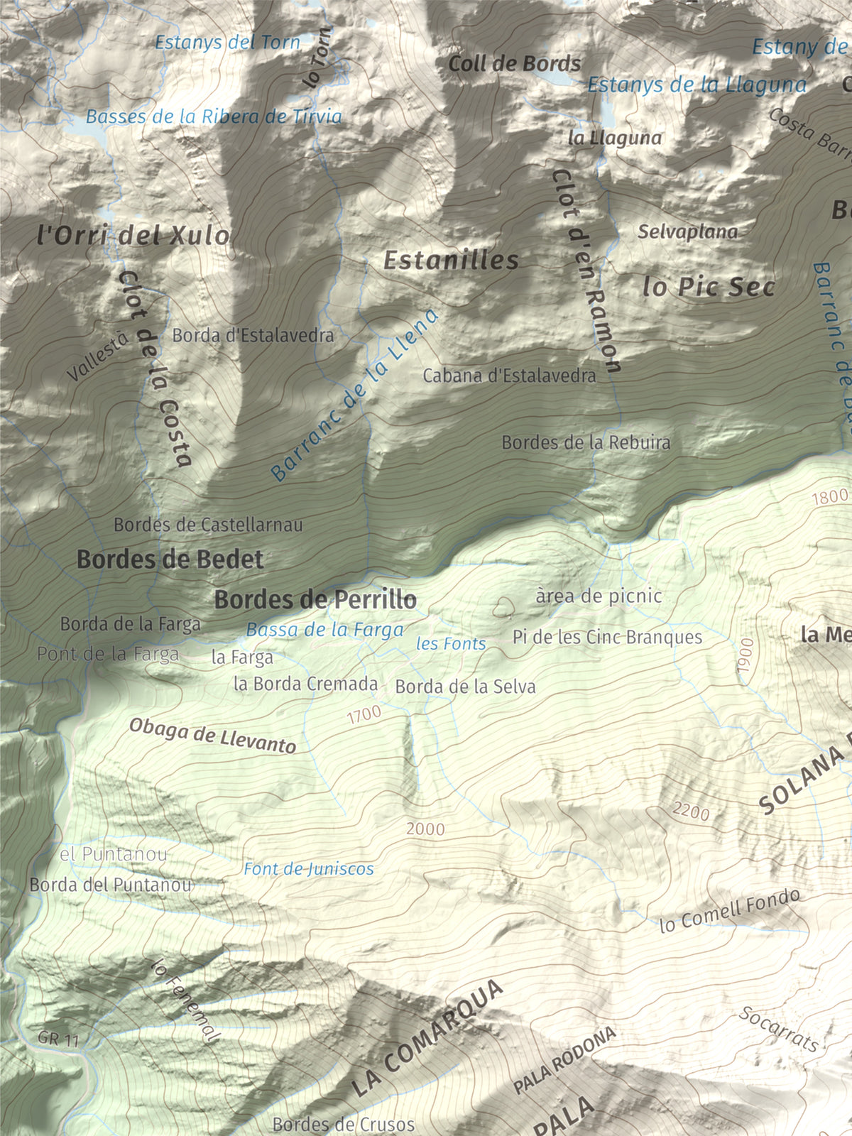 Mapa de relieve de Monteixo, 2905 m, Pallars Sobirà, lámina 100 Cims de Trobart. Detalle de la zona superior izquierda. 30 × 40 cm.