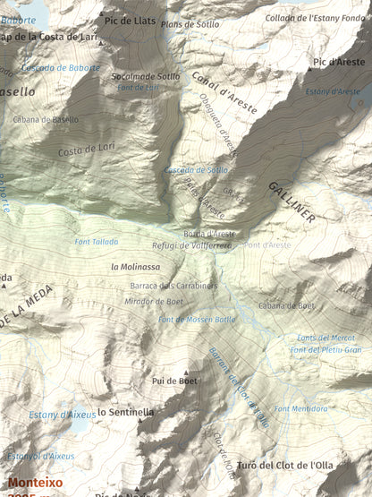 Mapa de relieve de Monteixo, 2905 m, Pallars Sobirà, lámina 100 Cims de Trobart. Detalle de la zona superior derecha. 30 × 40 cm.