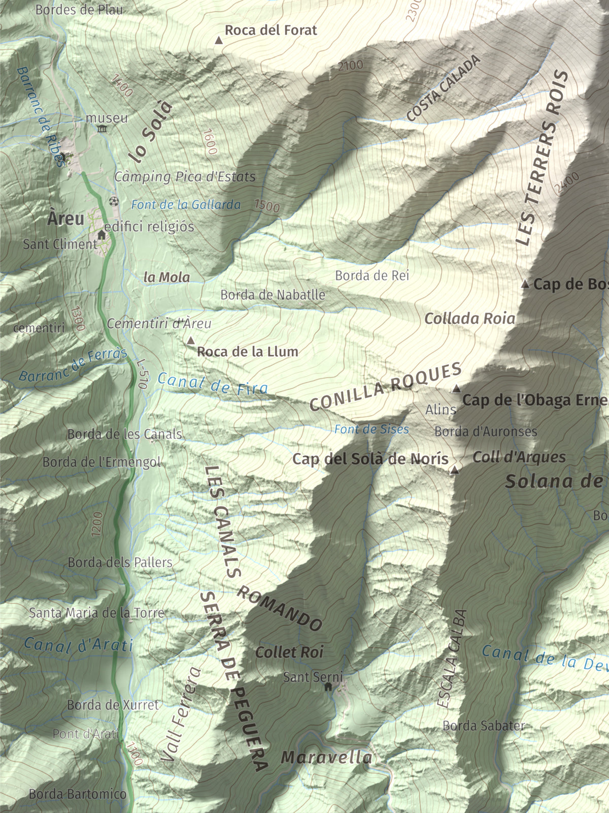 Mapa de relieve de Monteixo, 2905 m, Pallars Sobirà, lámina 100 Cims de Trobart. Detalle de la zona inferior izquierda. 30 × 40 cm.