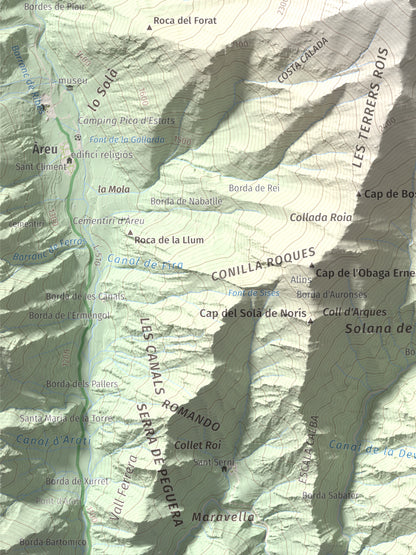 Mapa de relieve de Monteixo, 2905 m, Pallars Sobirà, lámina 100 Cims de Trobart. Detalle de la zona inferior izquierda. 30 × 40 cm.