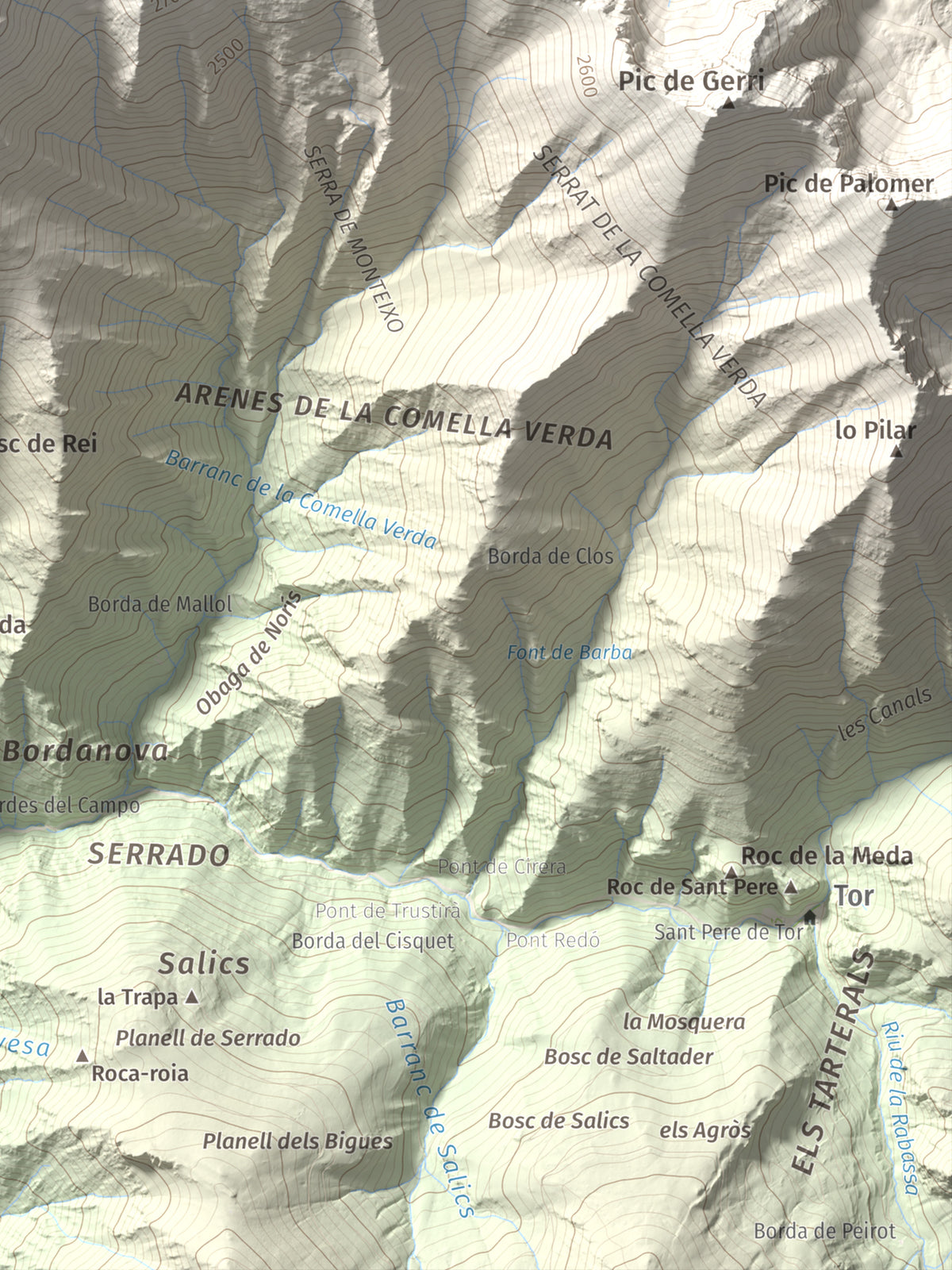 Mapa de relieve de Monteixo, 2905 m, Pallars Sobirà, lámina 100 Cims de Trobart. Detalle de la zona inferior derecha. 30 × 40 cm.