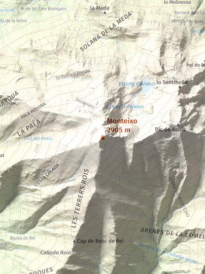 Mapa de relieve de Monteixo, 2905 m, Pallars Sobirà, lámina 100 Cims de Trobart. Detalle de la zona central. 30 × 40 cm.