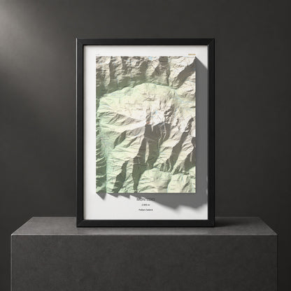 Mapa de relieve de Monteixo, 2905 m, Pallars Sobirà, lámina 100 Cims de Trobart. Presentación enmarcada. 50 × 70 cm.