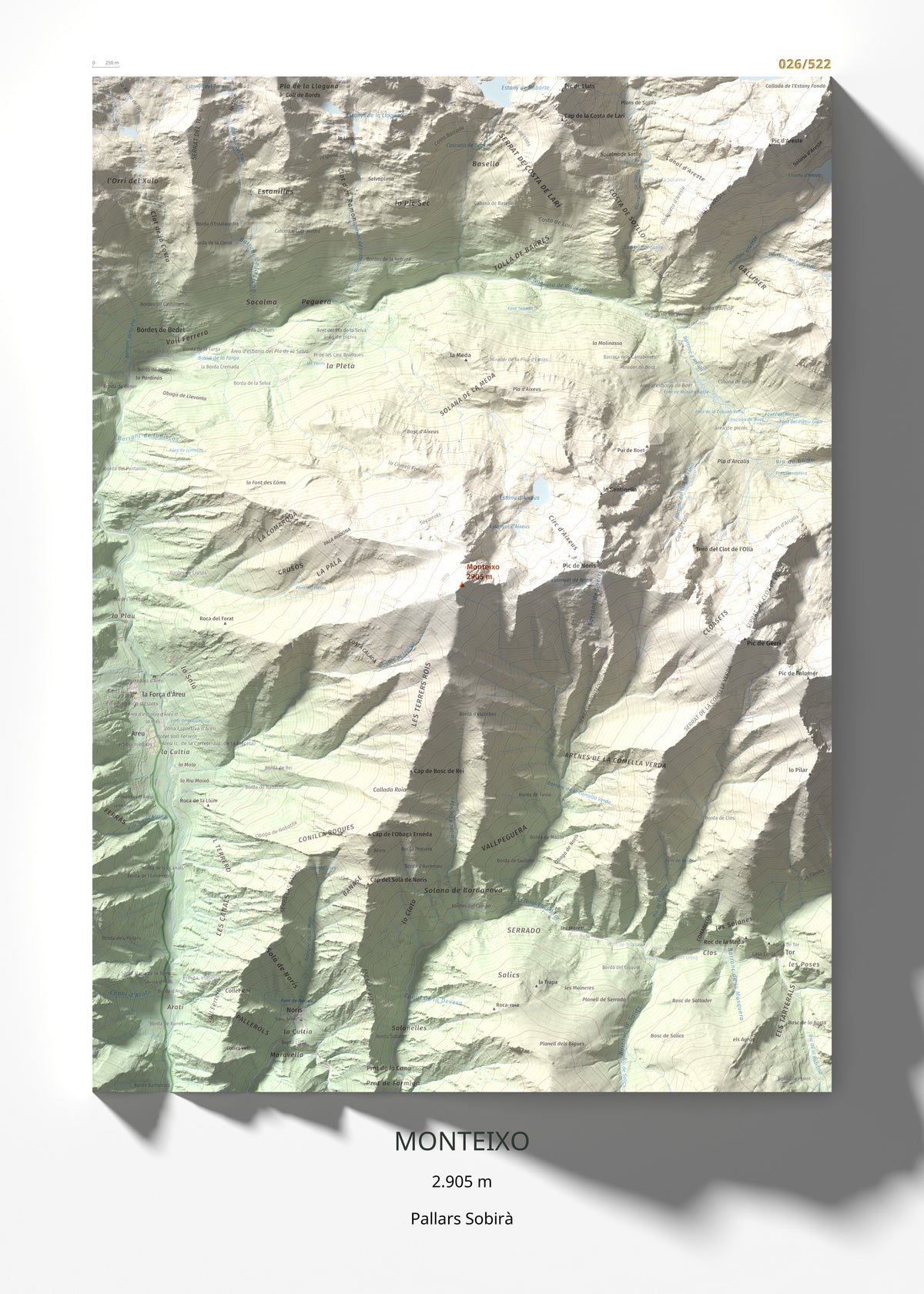 Mapa de relieve de Monteixo, 2905 m, Pallars Sobirà, lámina 100 Cims de Trobart 50 × 70 cm.