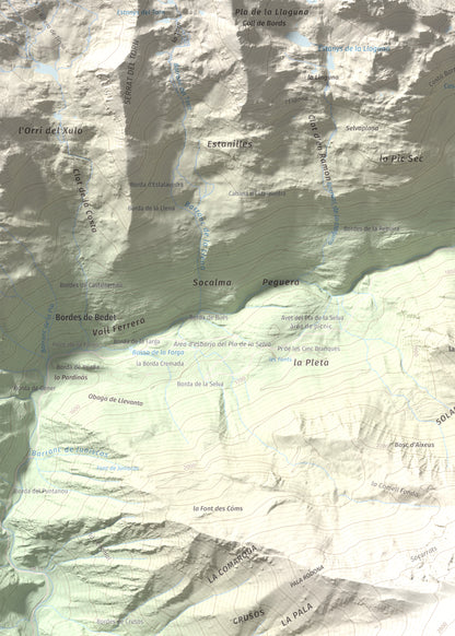 Mapa de relieve de Monteixo, 2905 m, Pallars Sobirà, lámina 100 Cims de Trobart. Detalle de la zona superior izquierda. 50 × 70 cm.