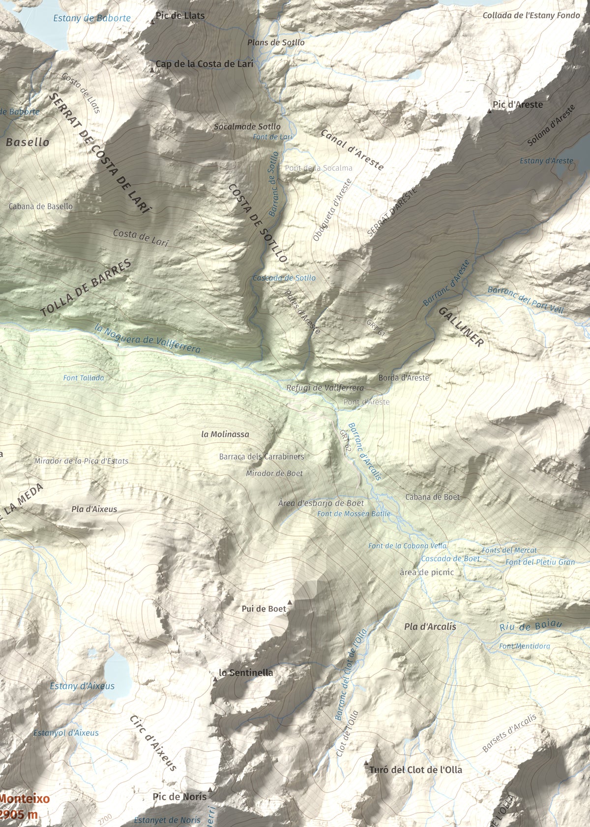 Mapa de relieve de Monteixo, 2905 m, Pallars Sobirà, lámina 100 Cims de Trobart. Detalle de la zona superior derecha. 50 × 70 cm.