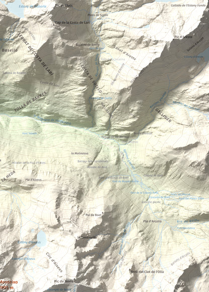 Mapa de relieve de Monteixo, 2905 m, Pallars Sobirà, lámina 100 Cims de Trobart. Detalle de la zona superior derecha. 50 × 70 cm.