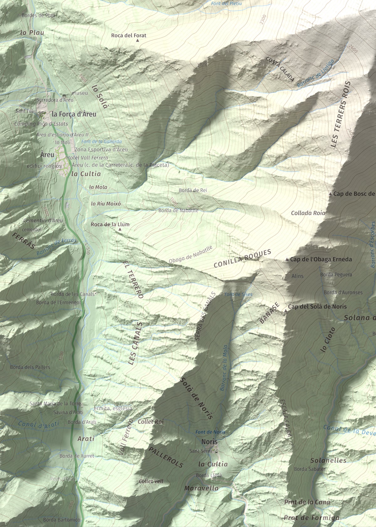 Mapa de relieve de Monteixo, 2905 m, Pallars Sobirà, lámina 100 Cims de Trobart. Detalle de la zona inferior izquierda. 50 × 70 cm.