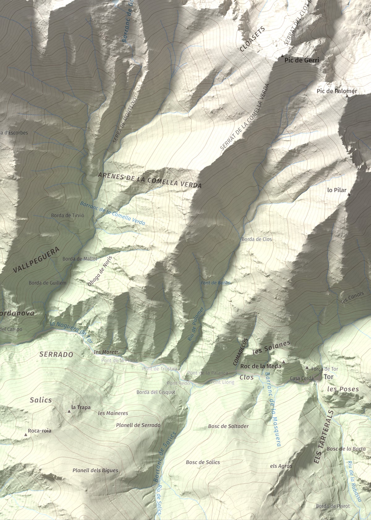 Mapa de relieve de Monteixo, 2905 m, Pallars Sobirà, lámina 100 Cims de Trobart. Detalle de la zona inferior derecha. 50 × 70 cm.