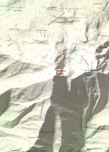 Mapa de relieve de Monteixo, 2905 m, Pallars Sobirà, lámina 100 Cims de Trobart. Detalle de la zona central. 50 × 70 cm.