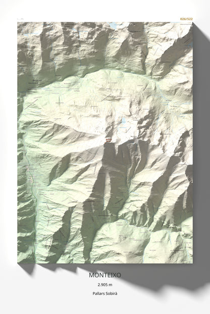 Mapa de relieve de Monteixo, 2905 m, Pallars Sobirà, lámina 100 Cims de Trobart 61 × 91 cm.