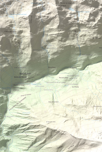 Mapa de relieve de Monteixo, 2905 m, Pallars Sobirà, lámina 100 Cims de Trobart. Detalle de la zona superior izquierda. 61 × 91 cm.