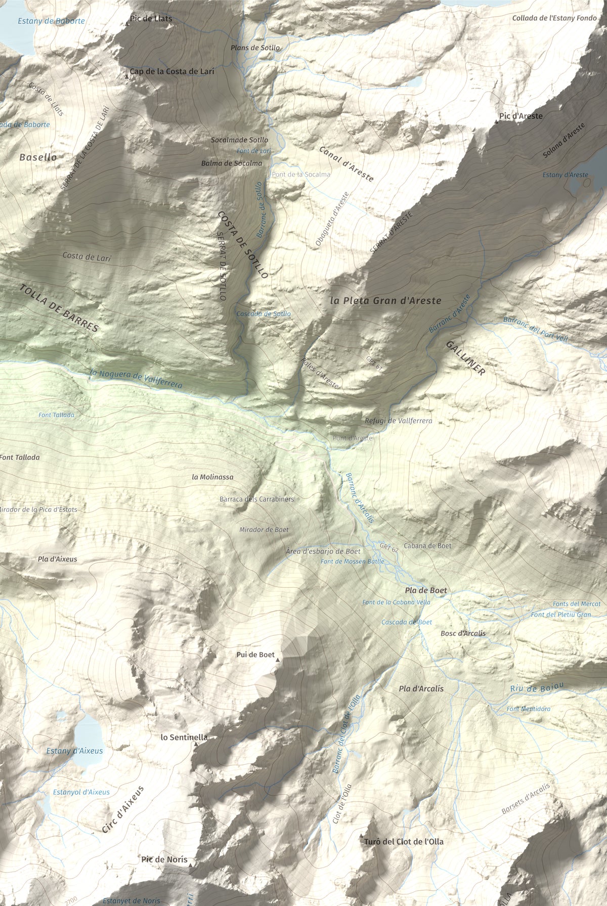 Mapa de relieve de Monteixo, 2905 m, Pallars Sobirà, lámina 100 Cims de Trobart. Detalle de la zona superior derecha. 61 × 91 cm.