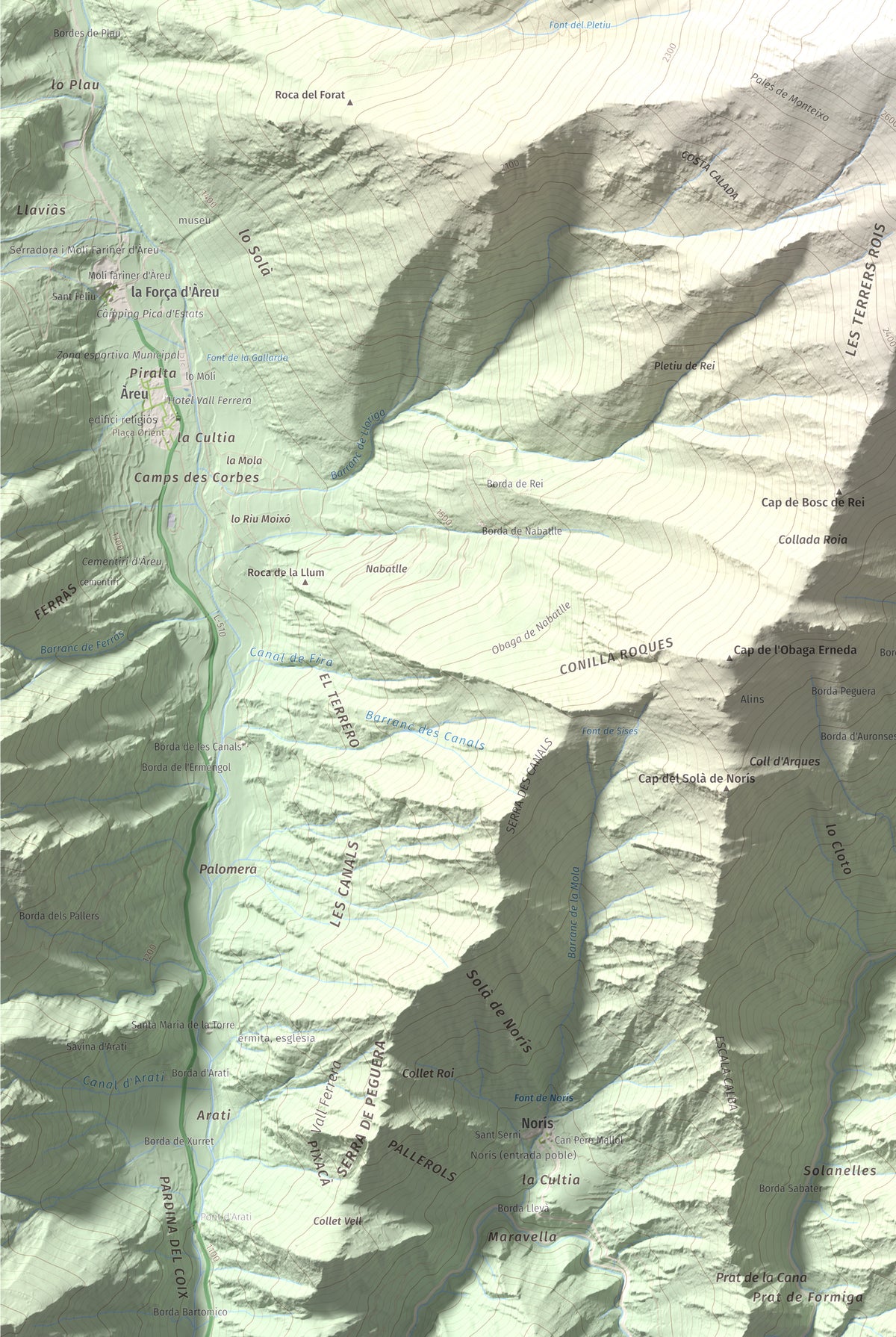 Mapa de relieve de Monteixo, 2905 m, Pallars Sobirà, lámina 100 Cims de Trobart. Detalle de la zona inferior izquierda. 61 × 91 cm.