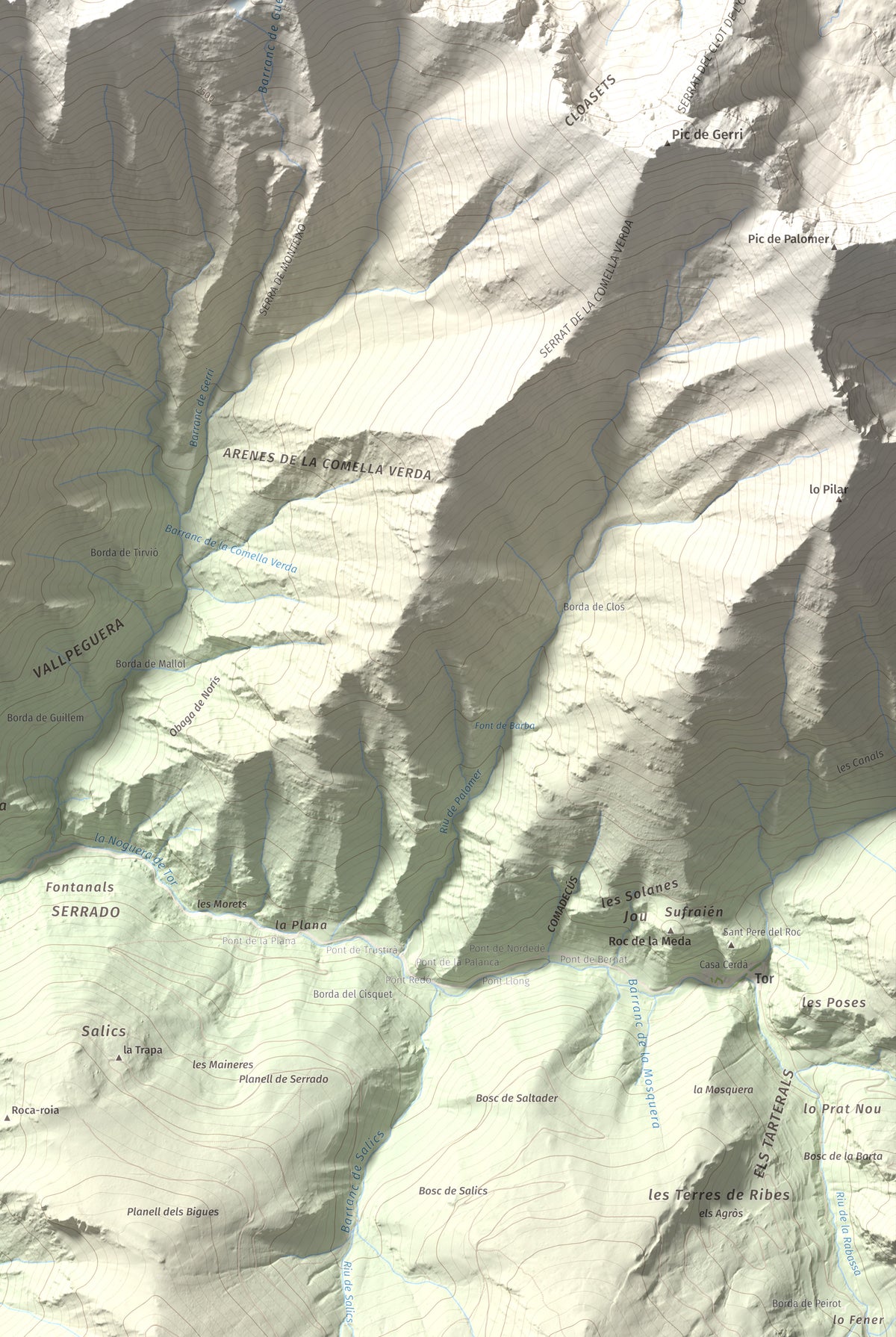 Mapa de relieve de Monteixo, 2905 m, Pallars Sobirà, lámina 100 Cims de Trobart. Detalle de la zona inferior derecha. 61 × 91 cm.