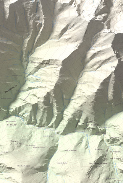 Mapa de relieve de Monteixo, 2905 m, Pallars Sobirà, lámina 100 Cims de Trobart. Detalle de la zona inferior derecha. 61 × 91 cm.