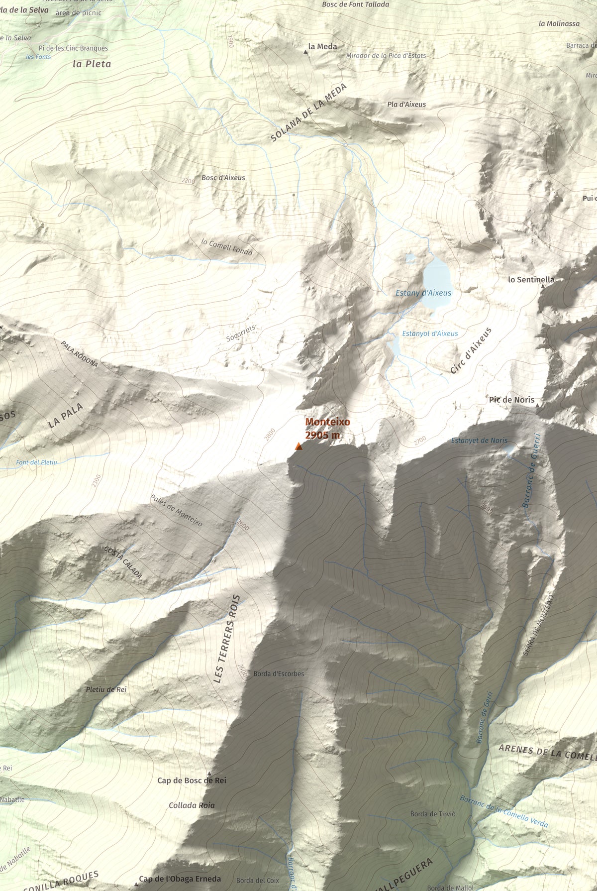 Mapa de relieve de Monteixo, 2905 m, Pallars Sobirà, lámina 100 Cims de Trobart. Detalle de la zona central. 61 × 91 cm.