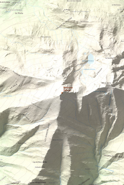 Mapa de relieve de Monteixo, 2905 m, Pallars Sobirà, lámina 100 Cims de Trobart. Detalle de la zona central. 61 × 91 cm.