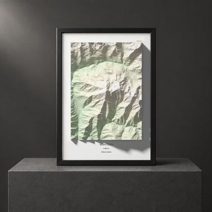 Mapa de relieve de Monteixo, 2905 m, Pallars Sobirà, lámina 100 Cims de Trobart. Presentación enmarcada. 70 × 100 cm.