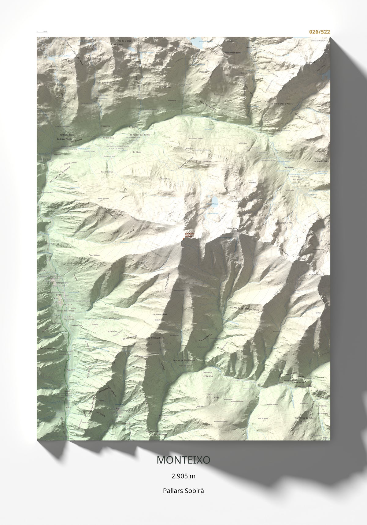Mapa de relieve de Monteixo, 2905 m, Pallars Sobirà, lámina 100 Cims de Trobart 70 × 100 cm.