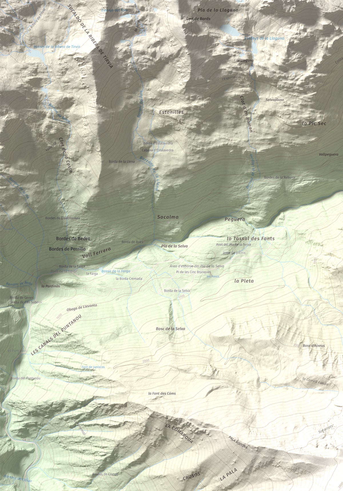 Mapa de relieve de Monteixo, 2905 m, Pallars Sobirà, lámina 100 Cims de Trobart. Detalle de la zona superior izquierda. 70 × 100 cm.