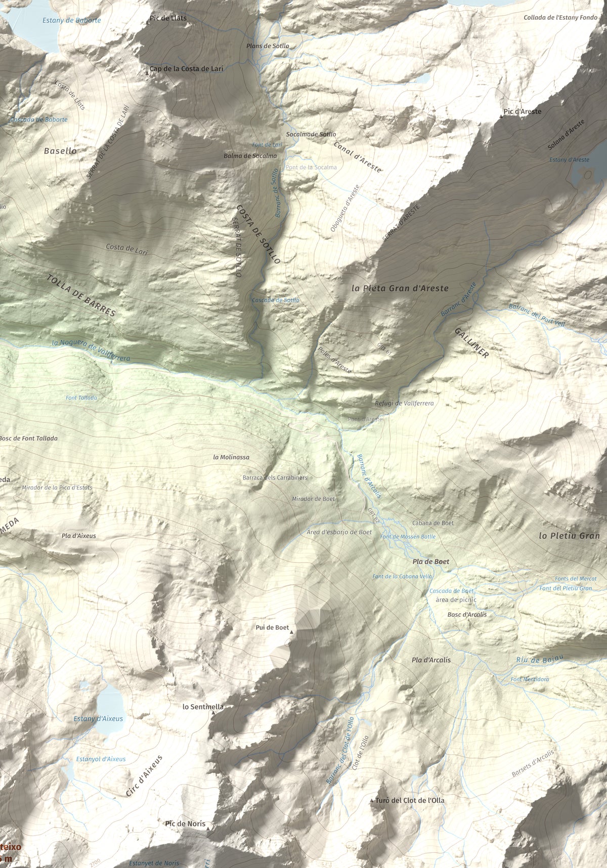 Mapa de relieve de Monteixo, 2905 m, Pallars Sobirà, lámina 100 Cims de Trobart. Detalle de la zona superior derecha. 70 × 100 cm.