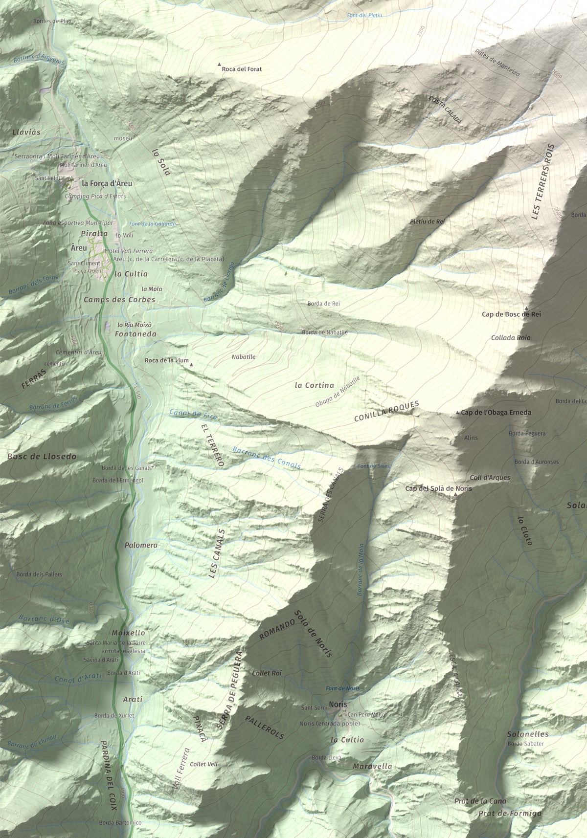 Mapa de relieve de Monteixo, 2905 m, Pallars Sobirà, lámina 100 Cims de Trobart. Detalle de la zona inferior izquierda. 70 × 100 cm.