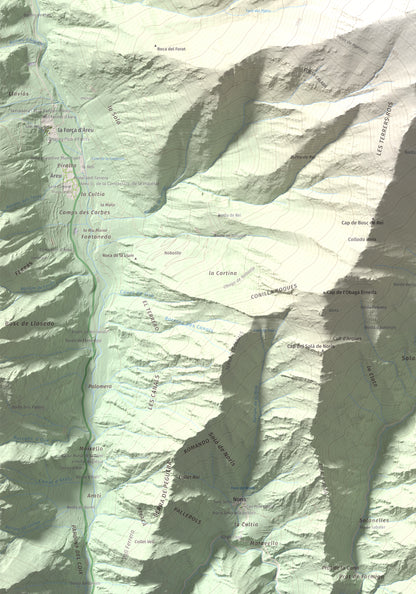 Mapa de relieve de Monteixo, 2905 m, Pallars Sobirà, lámina 100 Cims de Trobart. Detalle de la zona inferior izquierda. 70 × 100 cm.