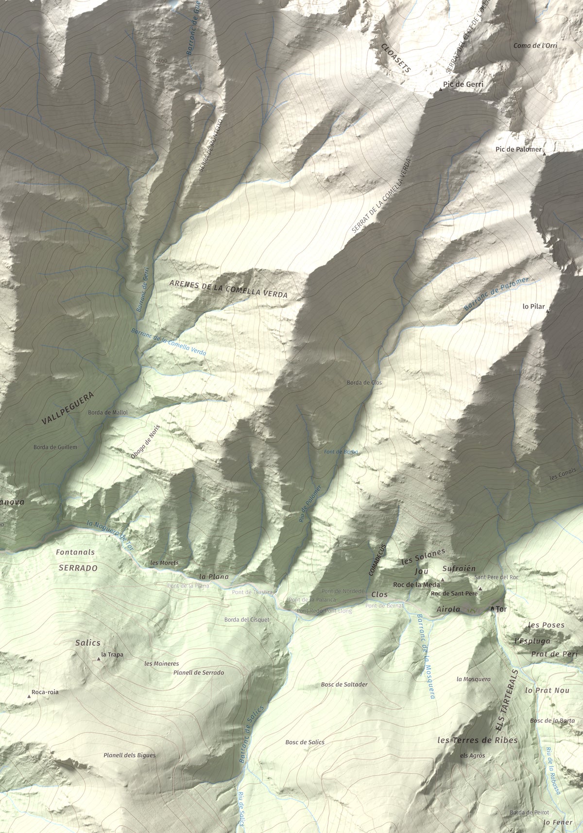 Mapa de relieve de Monteixo, 2905 m, Pallars Sobirà, lámina 100 Cims de Trobart. Detalle de la zona inferior derecha. 70 × 100 cm.