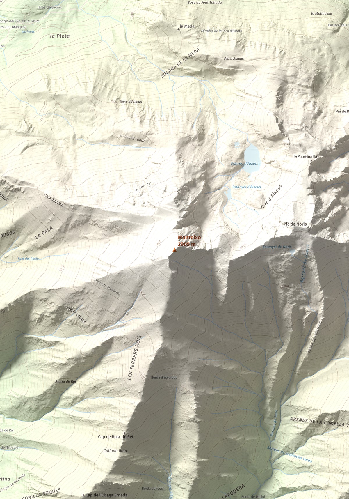 Mapa de relieve de Monteixo, 2905 m, Pallars Sobirà, lámina 100 Cims de Trobart. Detalle de la zona central. 70 × 100 cm.