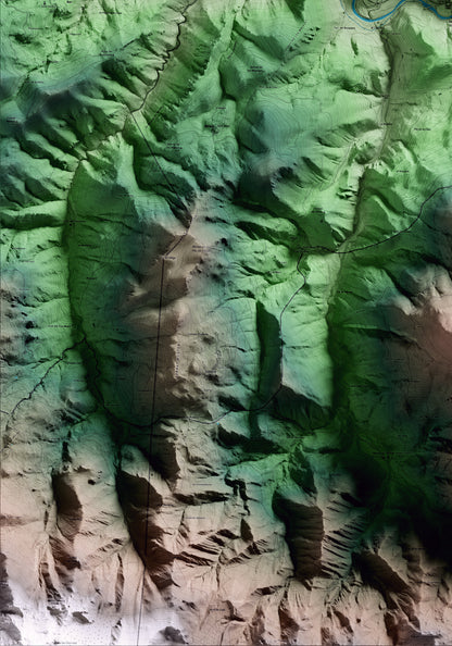 Mapa artístico del relieve de Montellà i Martinet, a la Cerdanya, con 15 km de entorno y base topográfica ICGC. Detalle de la zona inferior izquierda.