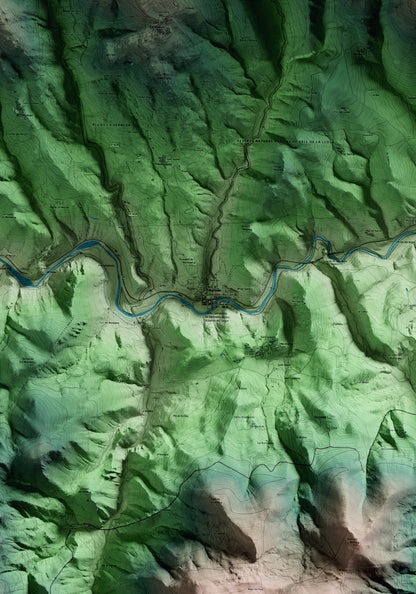 Mapa artístico del relieve de Montellà i Martinet, a la Cerdanya, con 15 km de entorno y base topográfica ICGC. Detalle de la zona central.