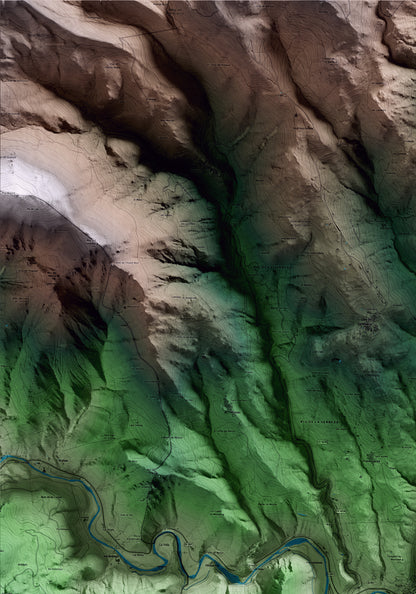 Mapa artístico del relieve de Montellà i Martinet, a la Cerdanya, con 15 km de entorno y base topográfica ICGC. Detalle de la zona superior izquierda.