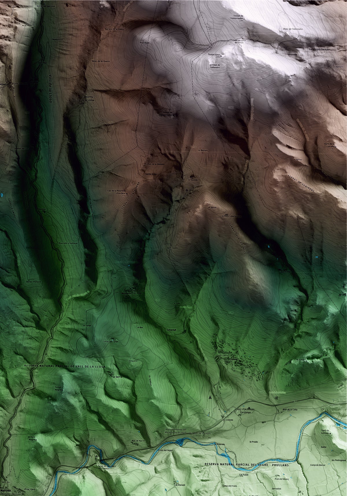 Mapa artístico del relieve de Montellà i Martinet, a la Cerdanya, con 15 km de entorno y base topográfica ICGC. Detalle de la zona superior derecha.