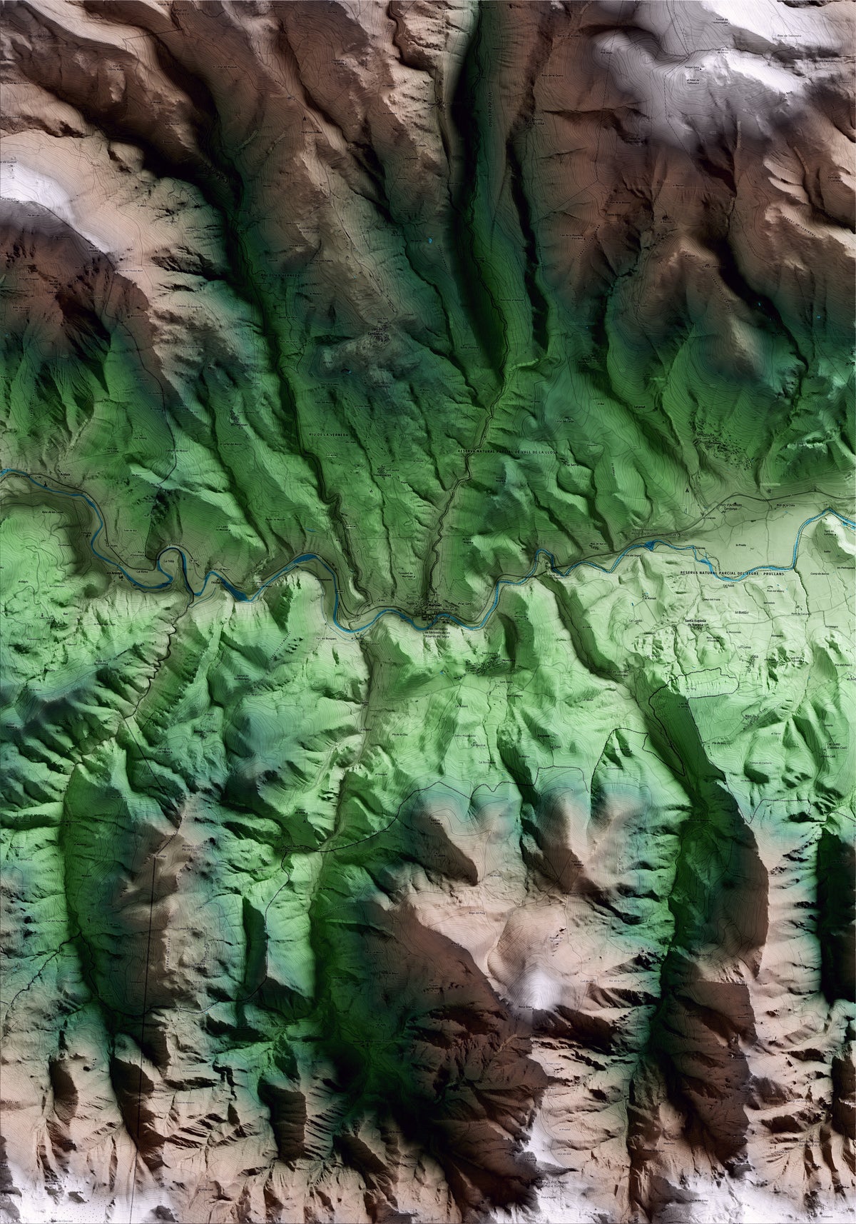 Mapa artístico del relieve de Montellà i Martinet, a la Cerdanya, con 15 km de entorno y base topográfica ICGC