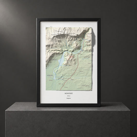 Mapa de relieve de Monteró, 574 m, Noguera, lámina 100 Cims de Trobart. Presentación enmarcada. 21 × 30 cm.