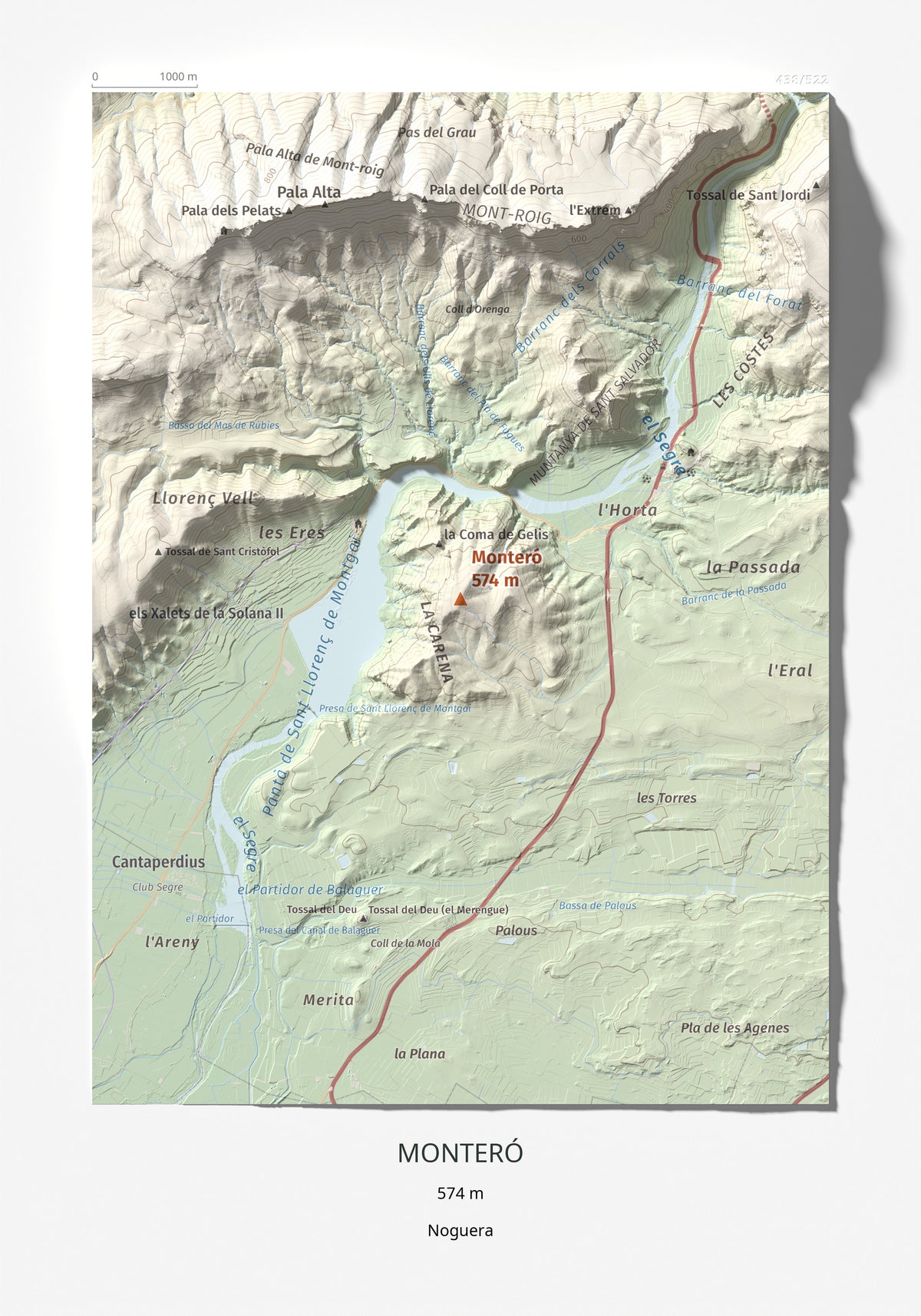 Mapa de relieve de Monteró, 574 m, Noguera, lámina 100 Cims de Trobart 21 × 30 cm.